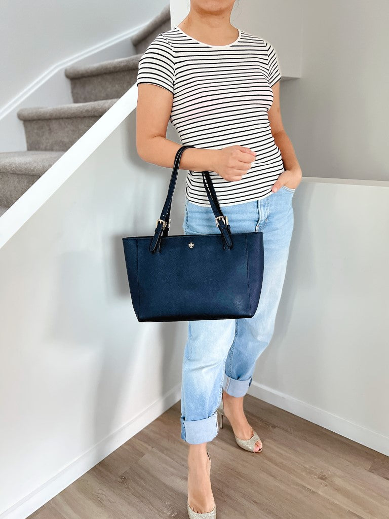 Tory Burch Navy Leather Triple Compartment Carryall Shoulder Bag Excellent