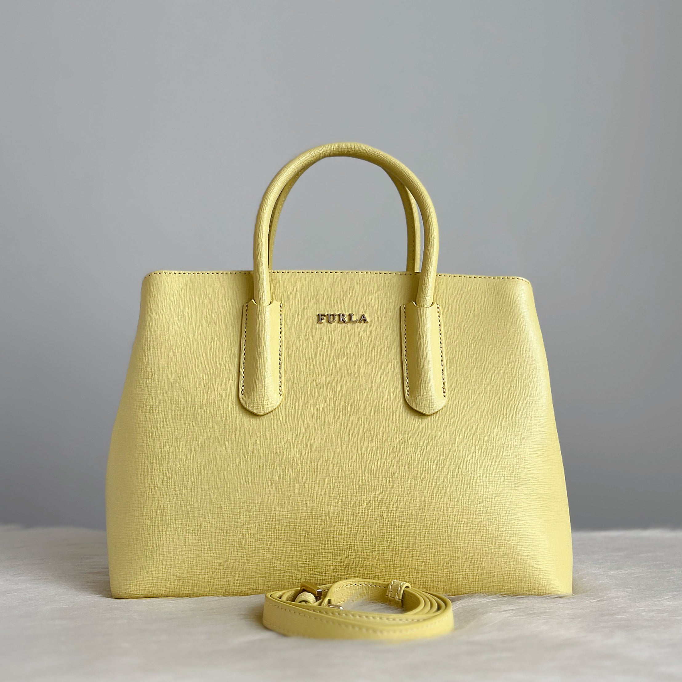 Furla Light Yellow Leather Triple Compartment 2 Way Shoulder Bag Like New