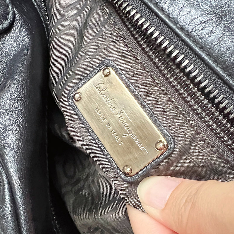 Ferragamo Black Leather Signature Logo Charm 2 Way Shoulder Bag Excellent