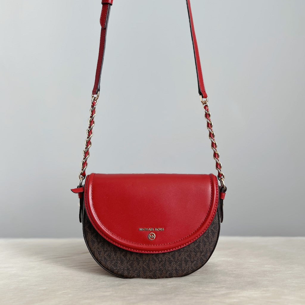Michael Kors Red Leather Monogram Front Logo Crossbody Shoulder Bag Like New
