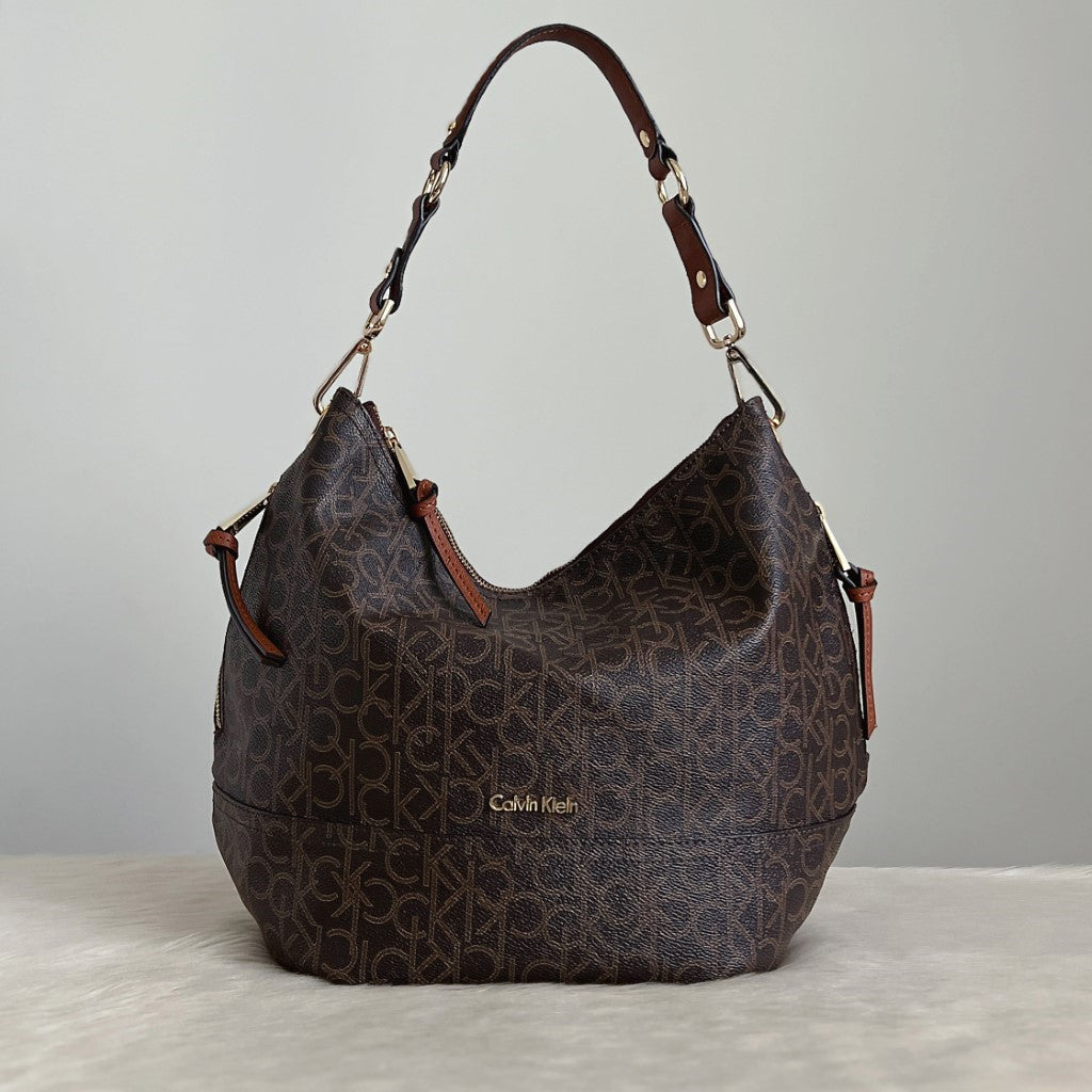 Calvin Klein Caramel Leather Monogram Slouchy Shoulder Bag Like New