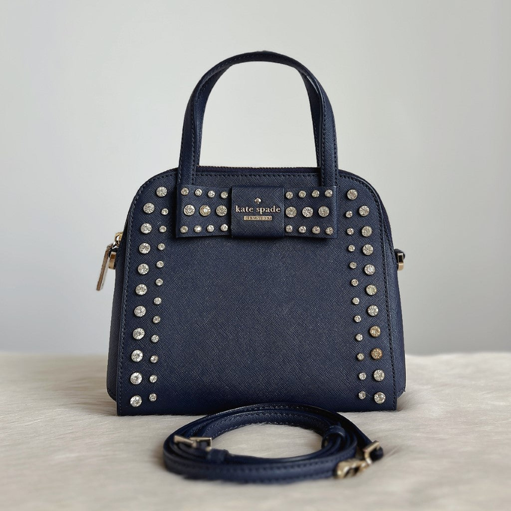 Kate Spade Navy Leather Rhinestone Detail 2 Way Shoulder Bag Excellent