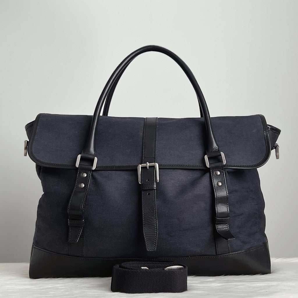 Burberry Black Leather Canvas Patchwork Buckle Detail Travel Bag Excellent