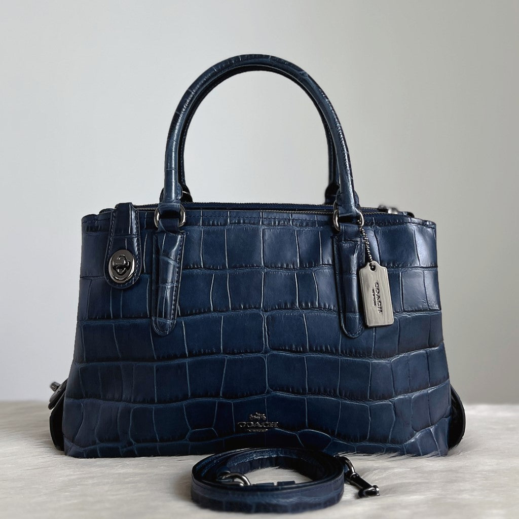 Coach Navy Leather Crocodile Print Triple Compartment 2 Way Shoulder Bag Excellent