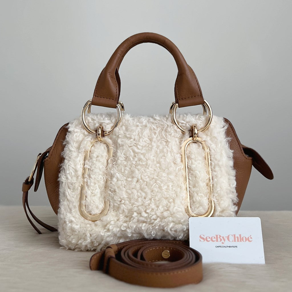 See by Chloe Caramel Leather Wool Patchwork 2 Way Shoulder Bag Excellent