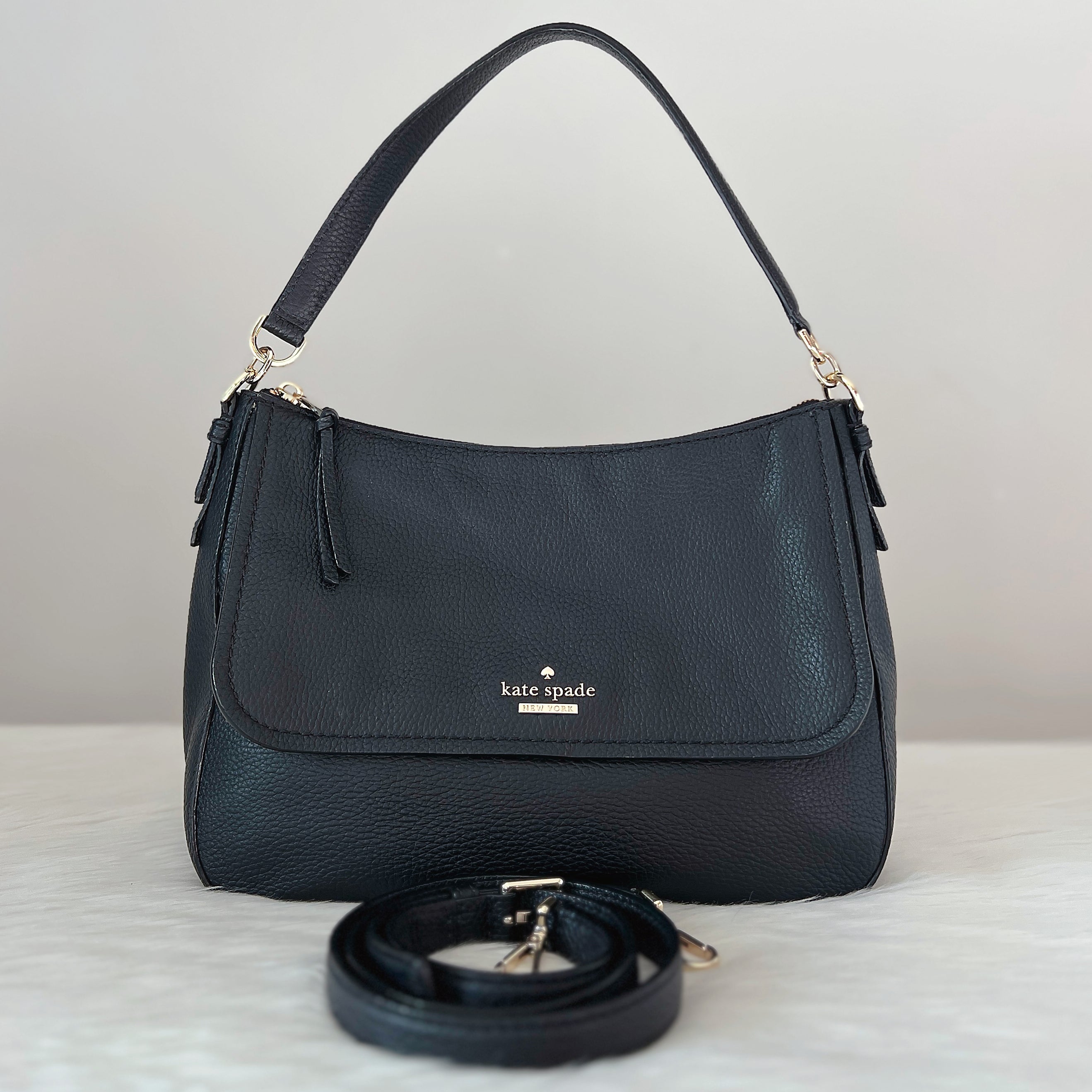 Kate Spade Black Leather Front Logo Flap 2 Way Shoulder Bag Like New
