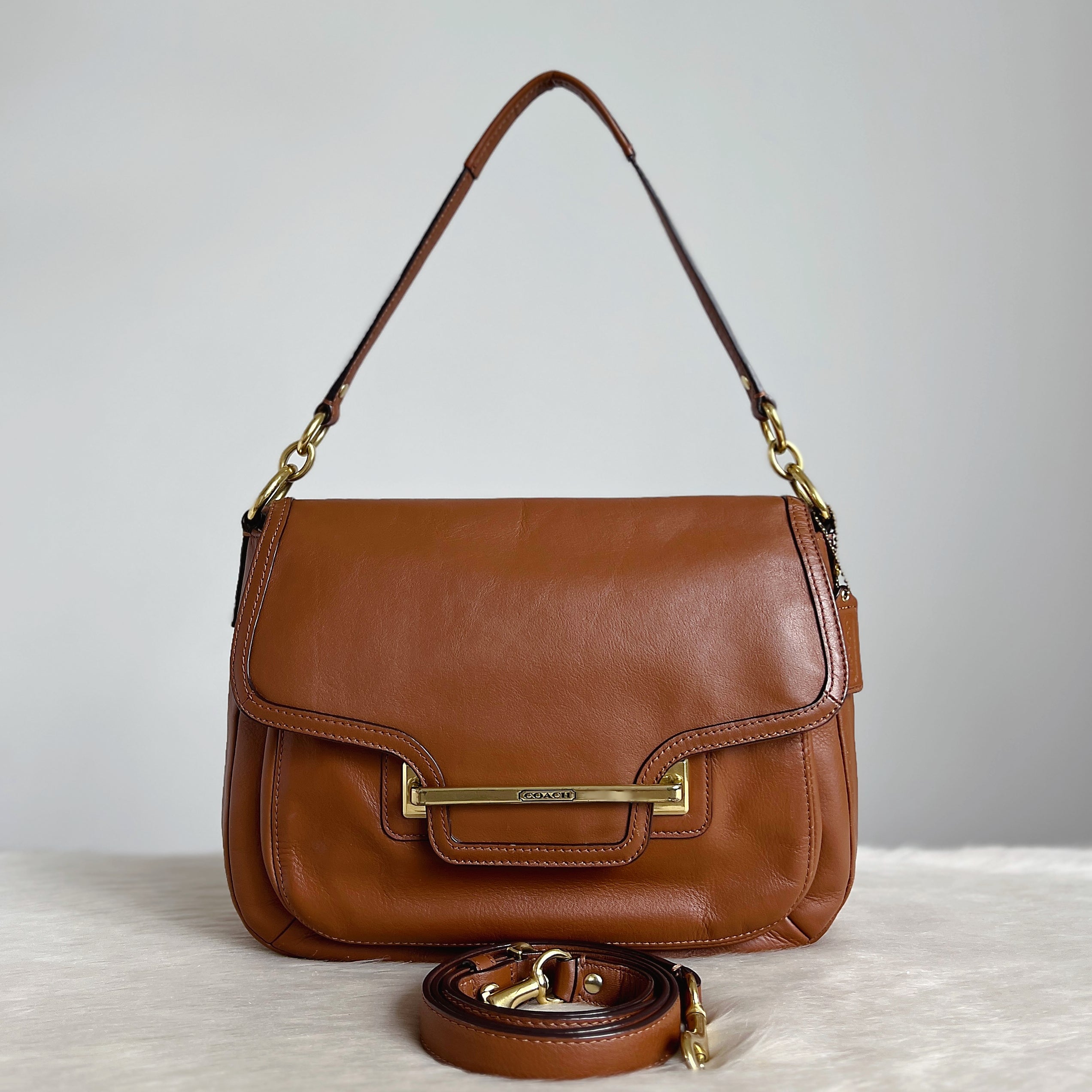 Coach Caramel Leather Front Buckle 2 Way Shoulder Bag