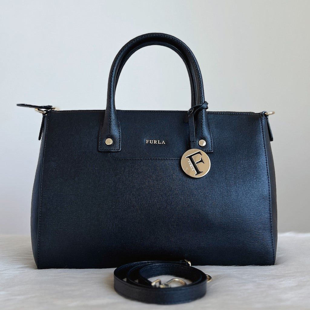 Furla Black Leather F Charm Career 2 Way Shoulder Bag Like New