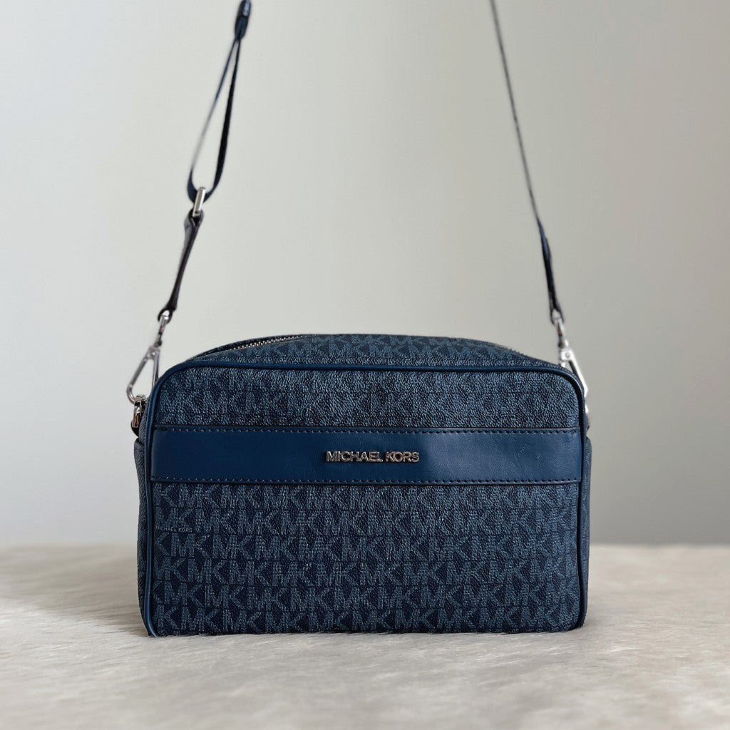 Michael Kors Navy Leather Monogram Messenger Unisex Crossbody Shoulder Bag