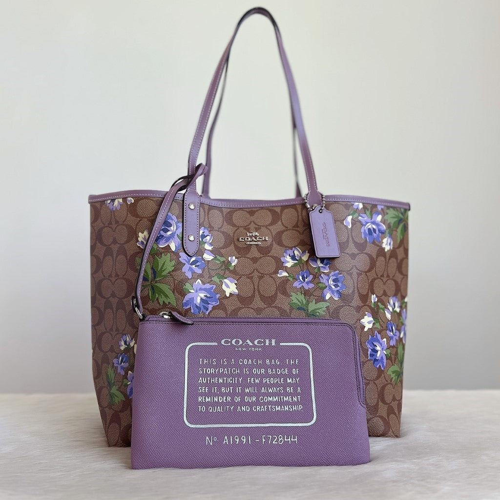 Coach Purple Leather Monogram Floral Pattern Carryall Shoulder Bag + Pouch Excellent