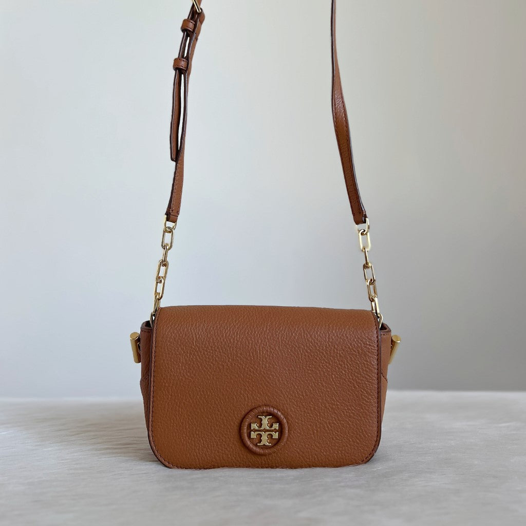 Tory Burch Caramel Leather Front Logo Crossbody Shoulder Bag Like New