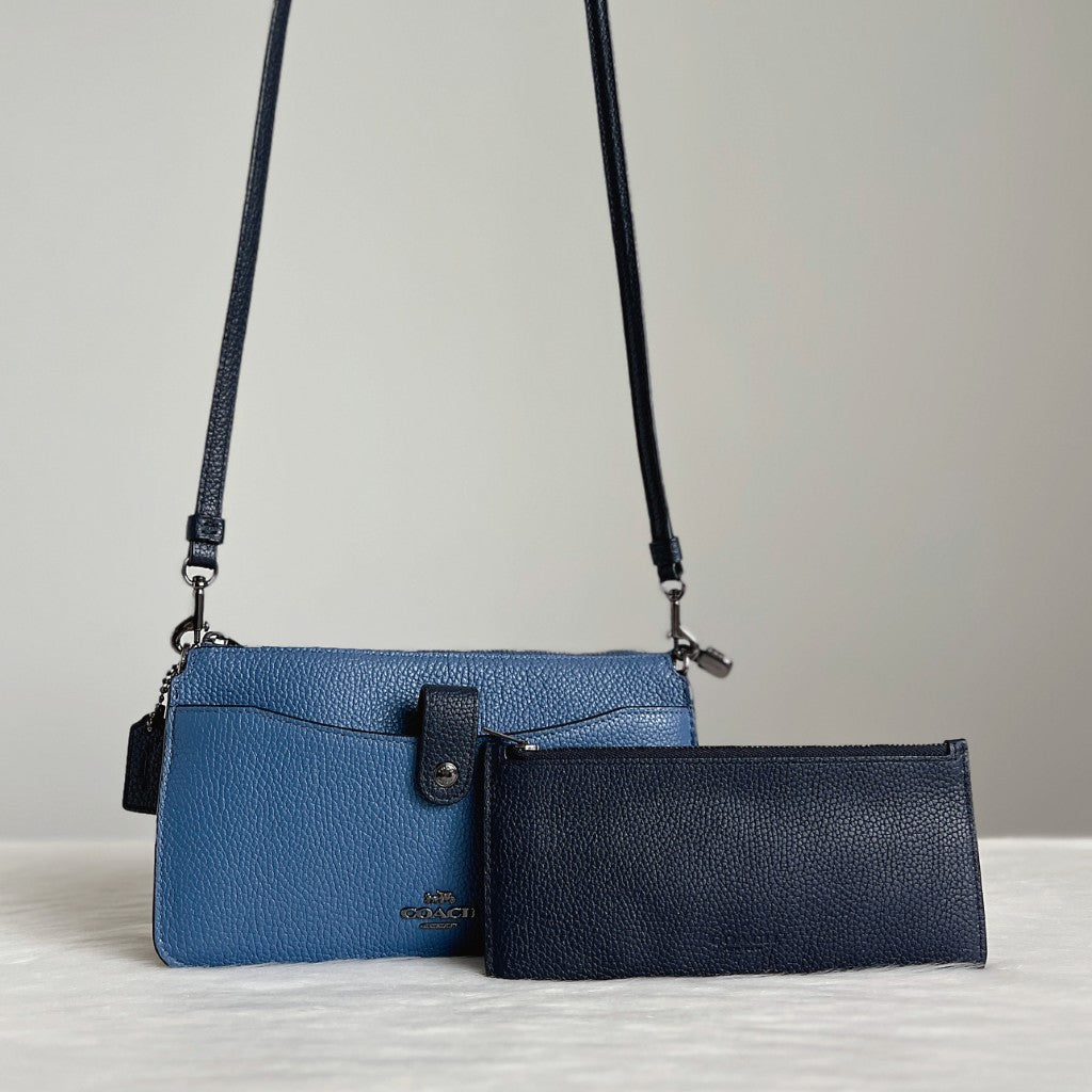 Coach Two Tone Leather Front Detail Crossbody Shoulder Bag + Pouch Like New