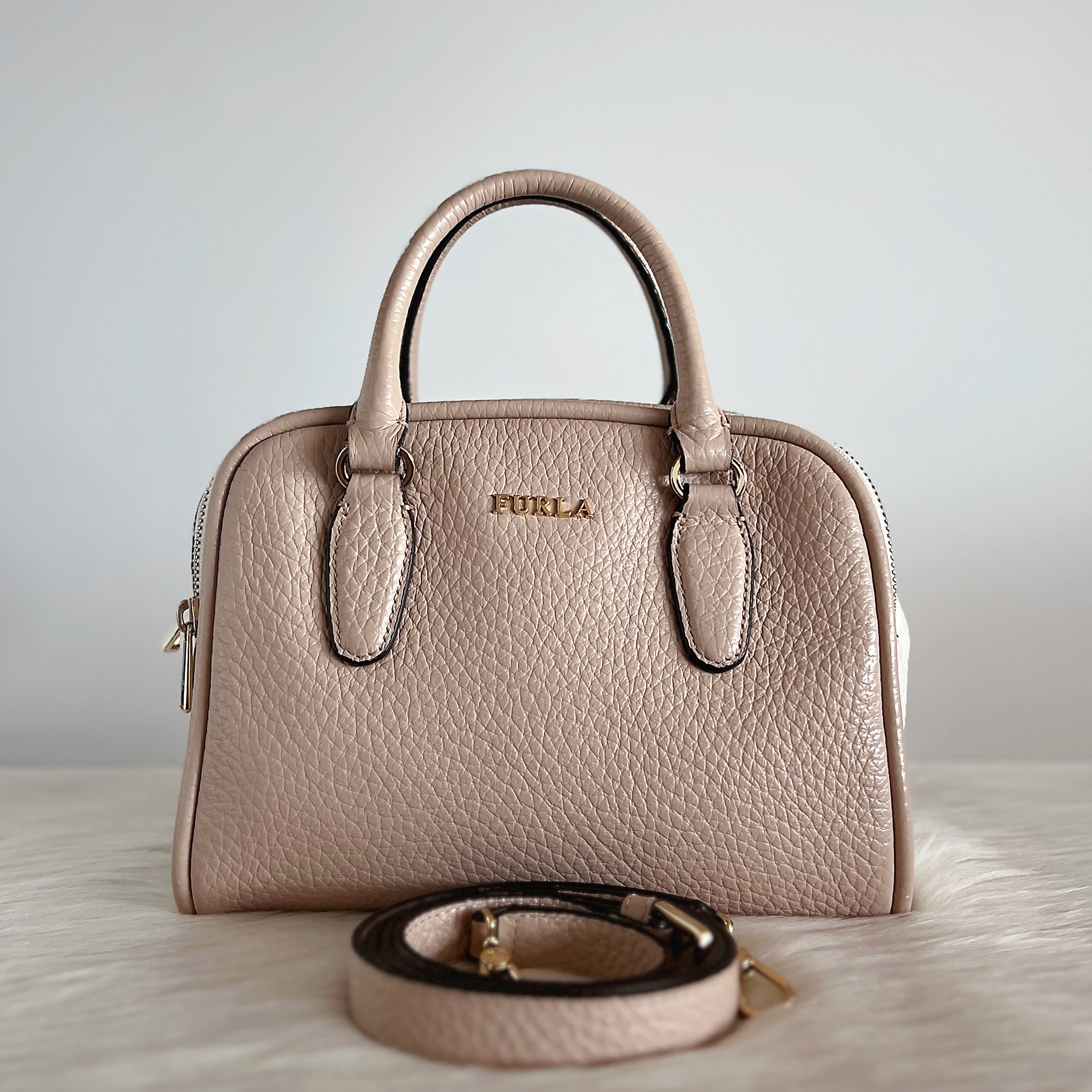 Furla Two Tone Leather Triple Compartment Boston 2 Way Shoulder Bag Like New