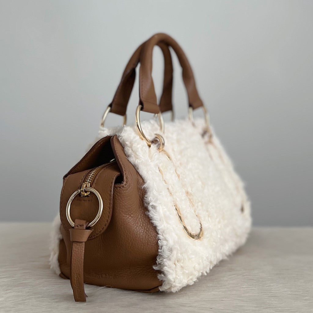See by Chloe Caramel Leather Wool Patchwork 2 Way Shoulder Bag Excellent