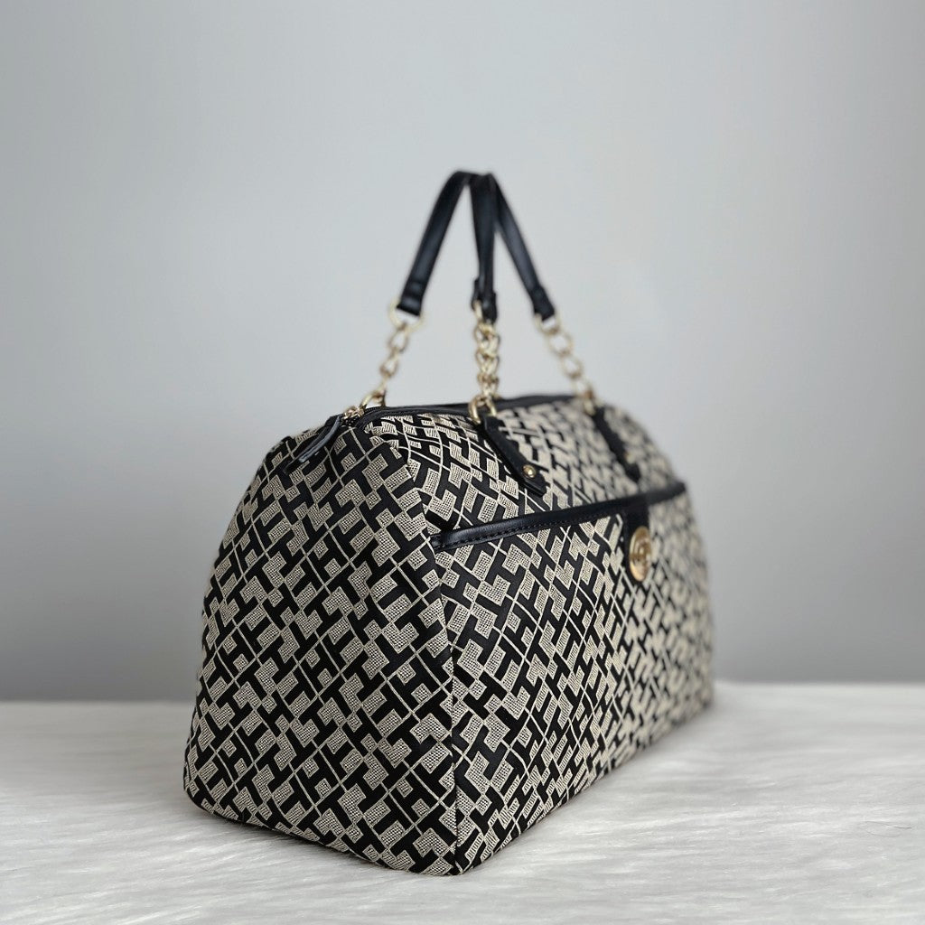 Tommy Hilfiger Black Leather Trim Monogram Boston Tote Bag Excellent