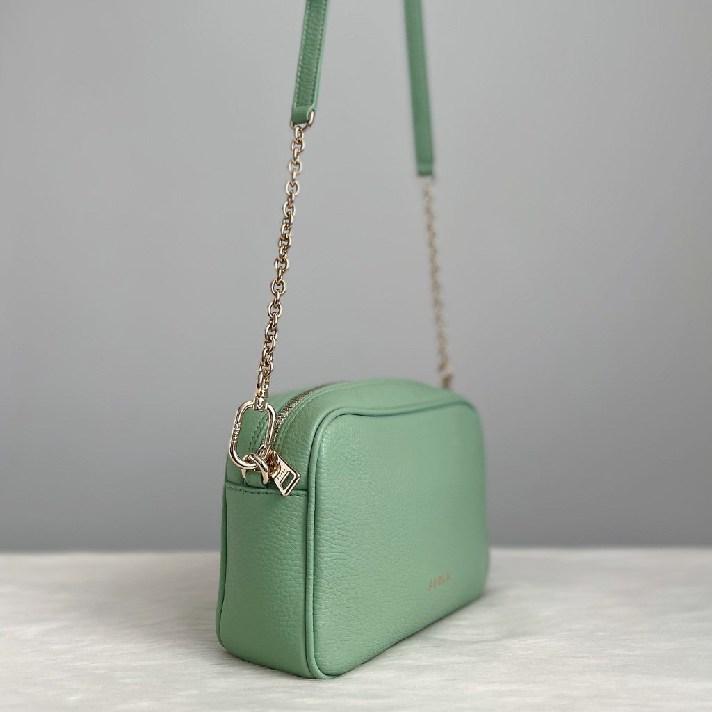 Furla Lime Leather Front Logo Camera Crossbody Shoulder Bag Like New