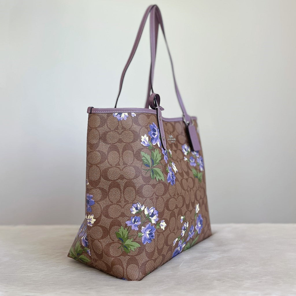 Coach Purple Leather Monogram Floral Pattern Carryall Shoulder Bag + Pouch Excellent