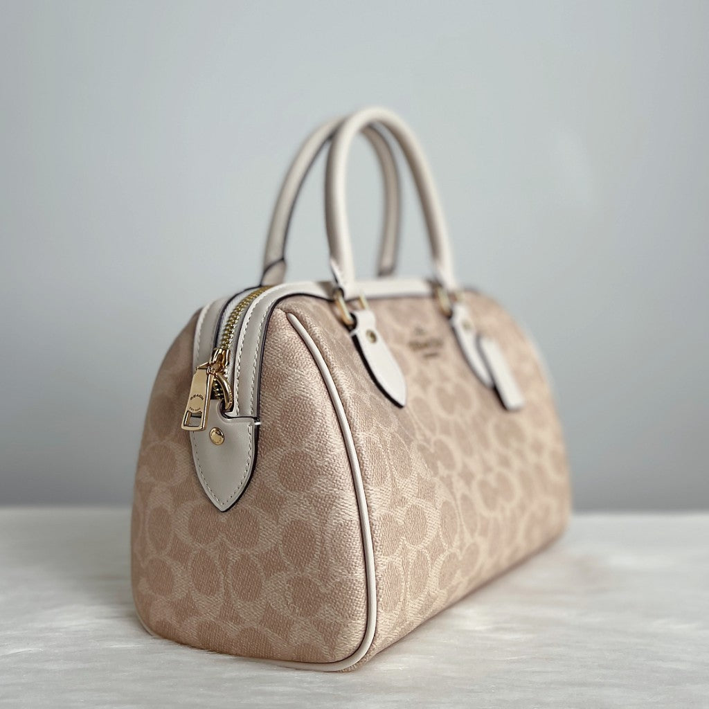 Coach Creamy Leather Front Logo Monogram Boston 2 Way Shoulder Bag Like New