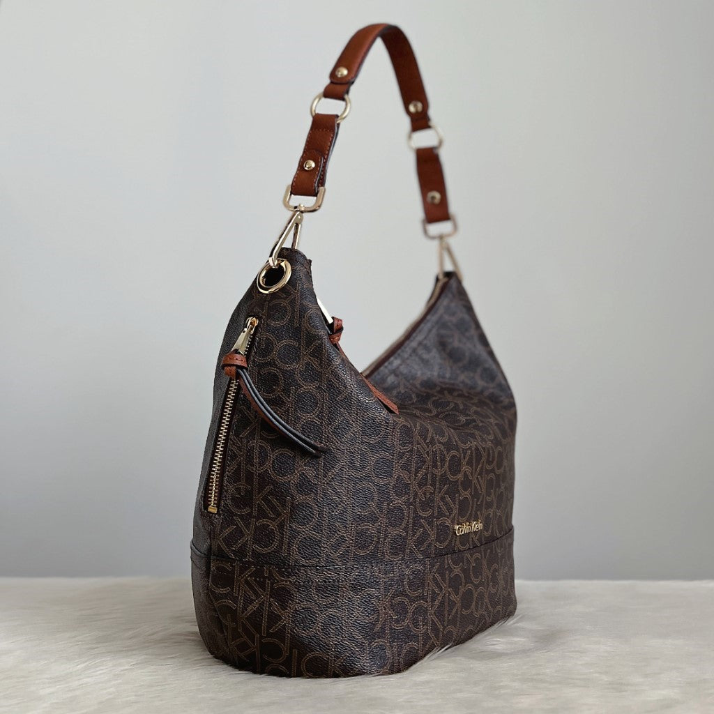 Calvin Klein Caramel Leather Monogram Slouchy Shoulder Bag Like New