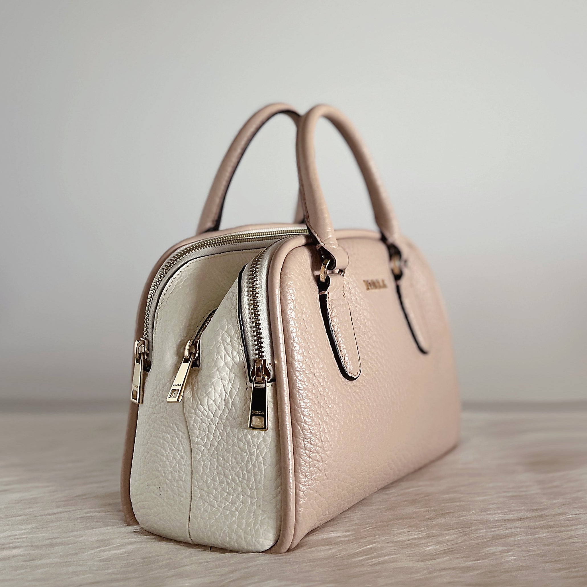 Furla Two Tone Leather Triple Compartment Boston 2 Way Shoulder Bag Like New