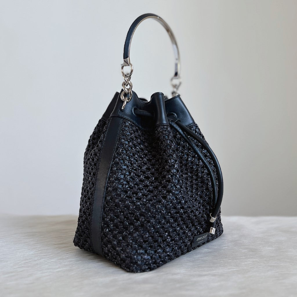 Jimmy Choo Black Woven Leather Drawstring Bucket Crossbody Shoulder Bag Excellent