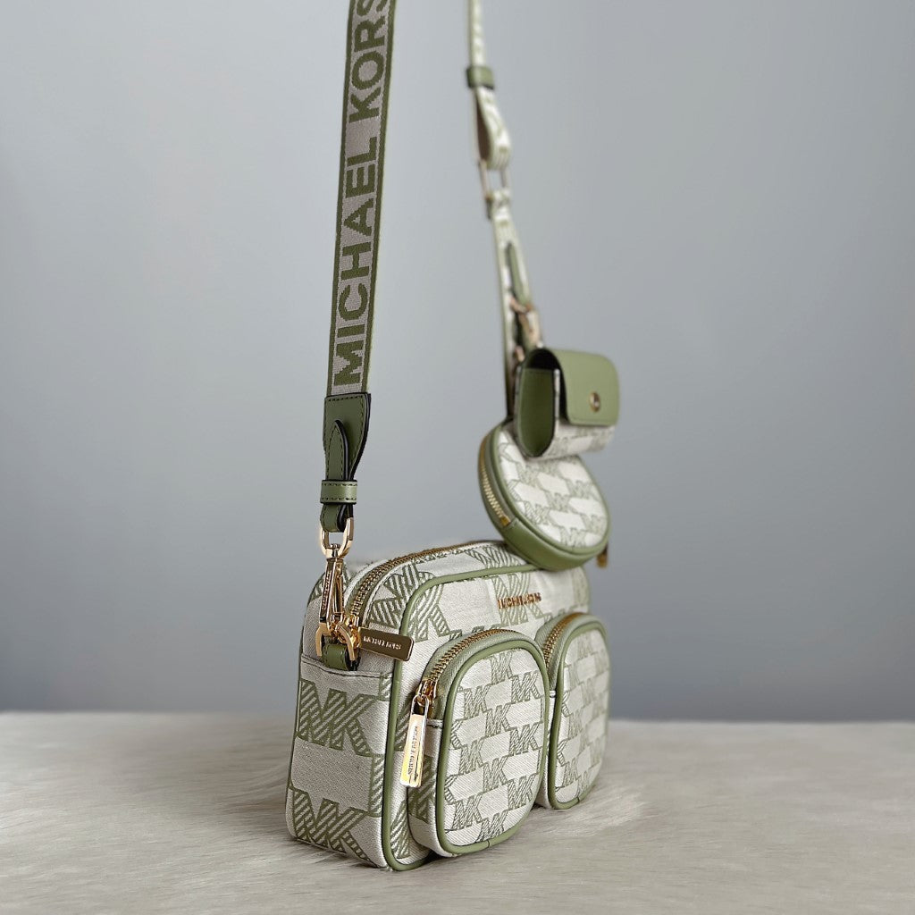 Michael Kors Lime Leather Monogram Crossbody Shoulder Bag + Pouches Like New