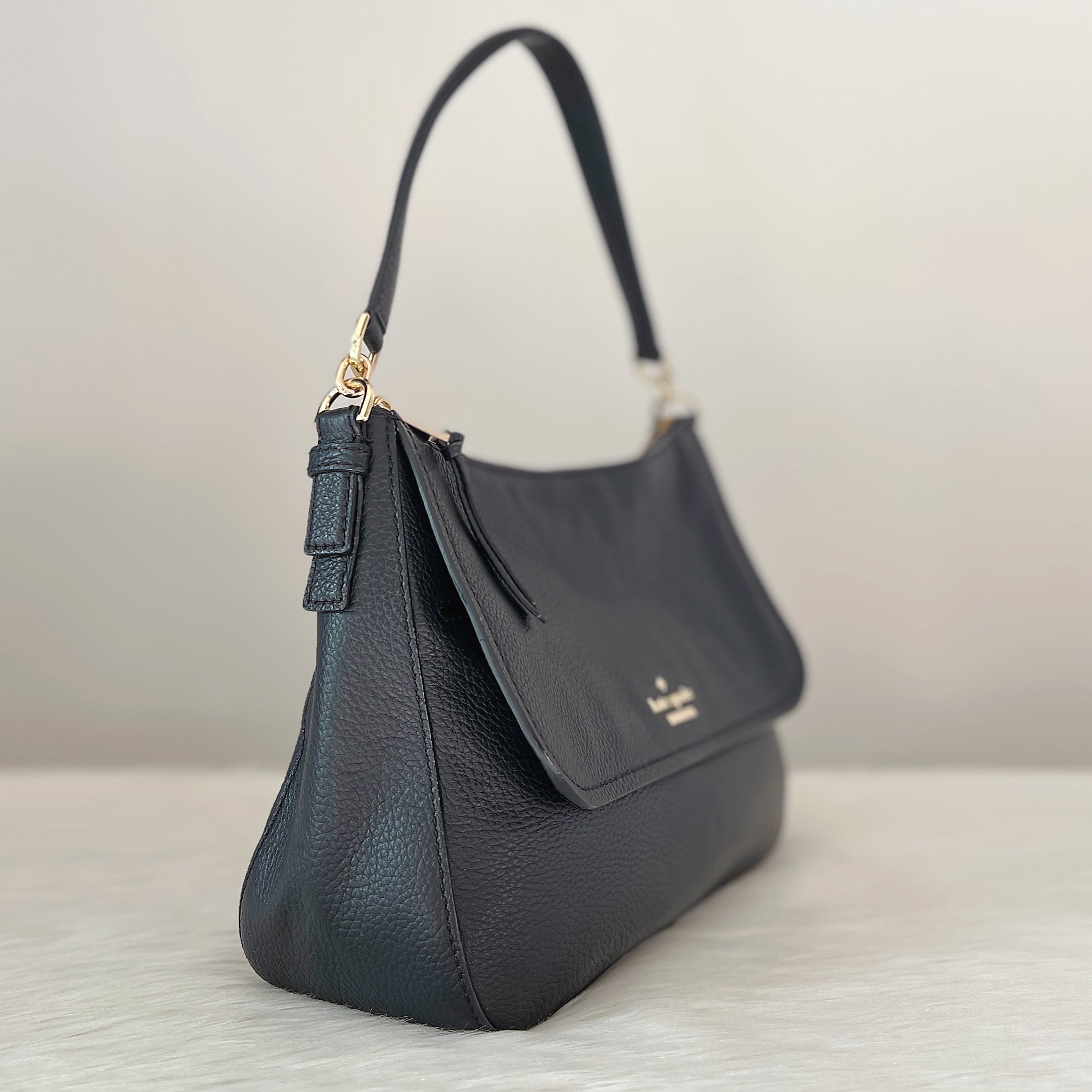 Kate Spade Black Leather Front Logo Flap 2 Way Shoulder Bag Like New