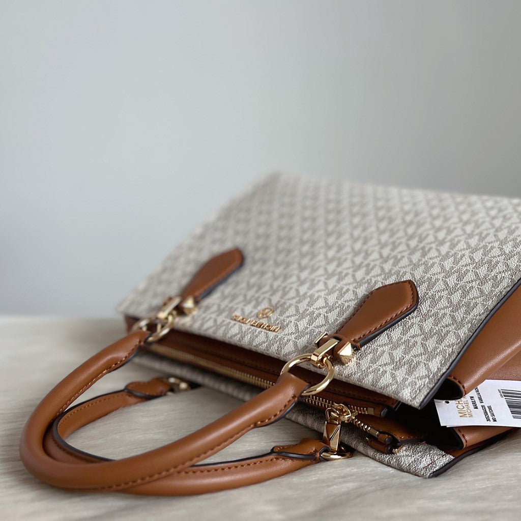 Michael Kors Caramel Leather Monogram Triple Compartment 2 Way Shoulder Bag New with Tags