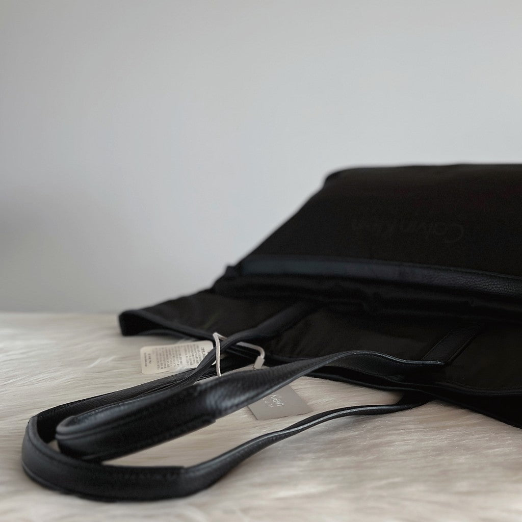 Calvin Klein Black Leather Front Logo Carryall Shoulder Bag New with Tags