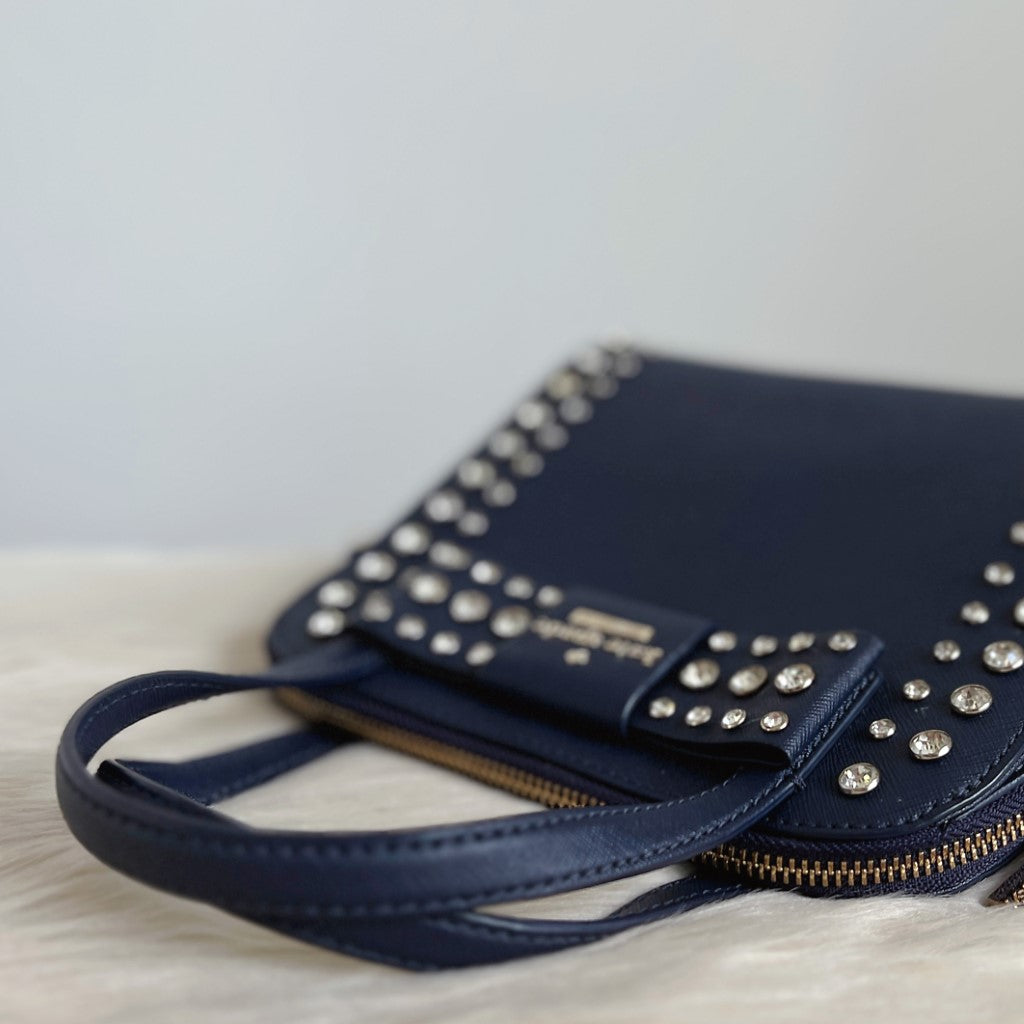 Kate Spade Navy Leather Rhinestone Detail 2 Way Shoulder Bag Excellent