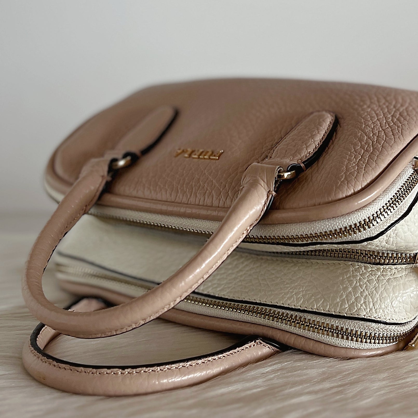 Furla Two Tone Leather Triple Compartment Boston 2 Way Shoulder Bag Like New