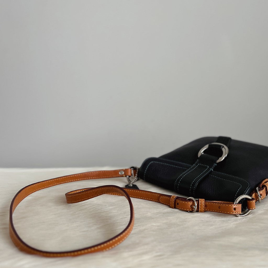 Coach Black Leather Double Ring Buckle Crossbody Shoulder Bag Excellent