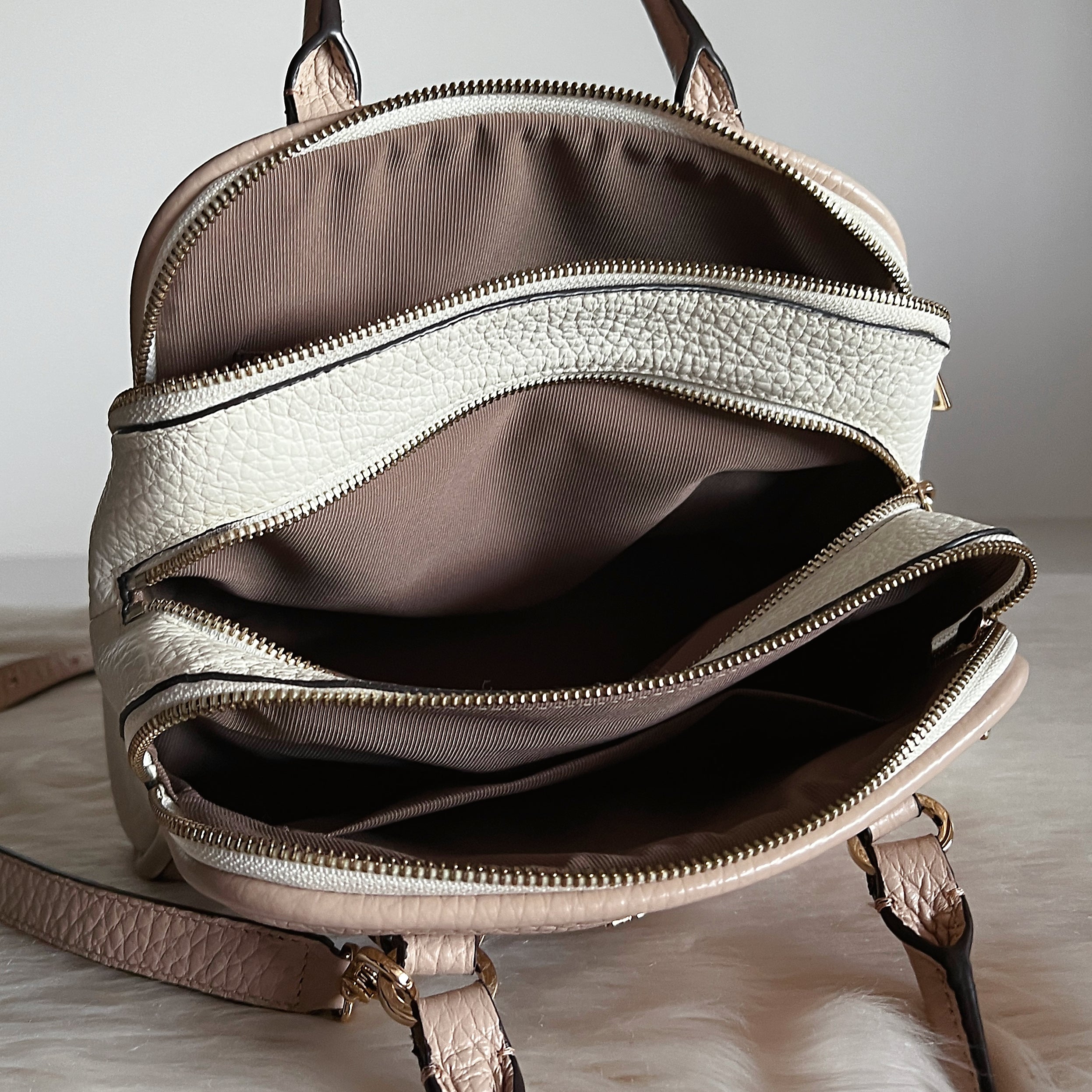 Furla Two Tone Leather Triple Compartment Boston 2 Way Shoulder Bag Like New