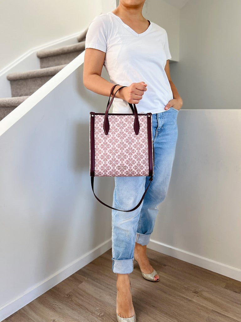 Kate Spade Maroon Leather Floral Pattern Book Tote 2 Way Shoulder Bag Like New