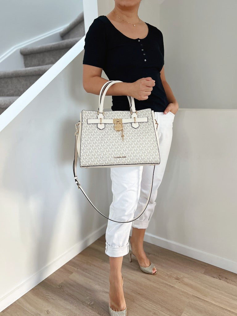 Michael Kors Creamy Leather Monogram Padlock Detail 2 Way Shoulder Bag Like New