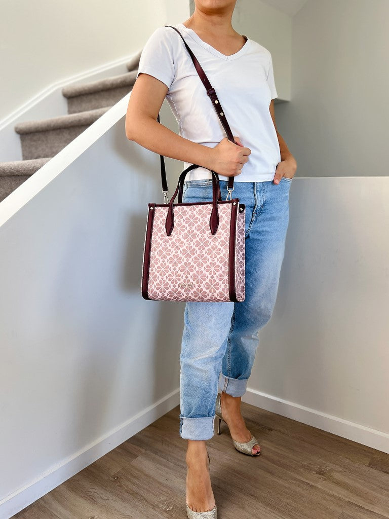 Kate Spade Maroon Leather Floral Pattern Book Tote 2 Way Shoulder Bag Like New