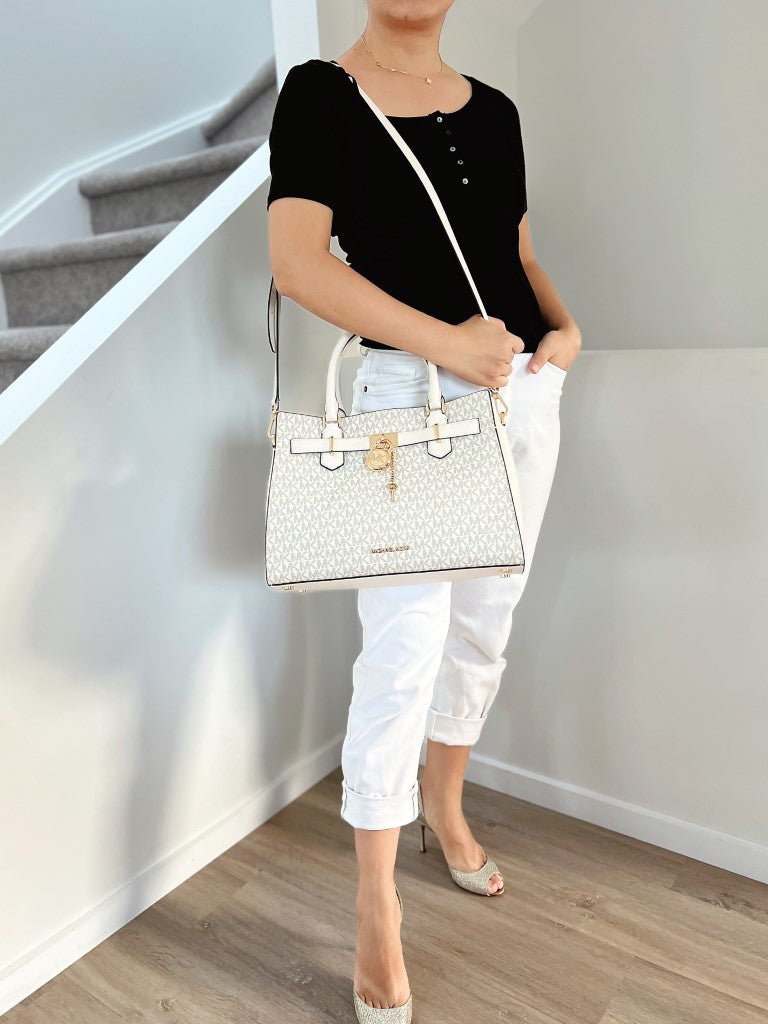 Michael Kors Creamy Leather Monogram Padlock Detail 2 Way Shoulder Bag Like New