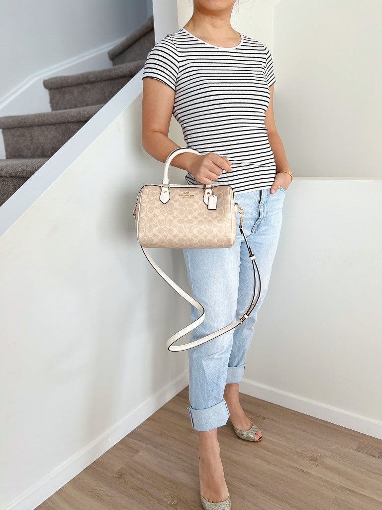 Coach Creamy Leather Front Logo Monogram Boston 2 Way Shoulder Bag Like New