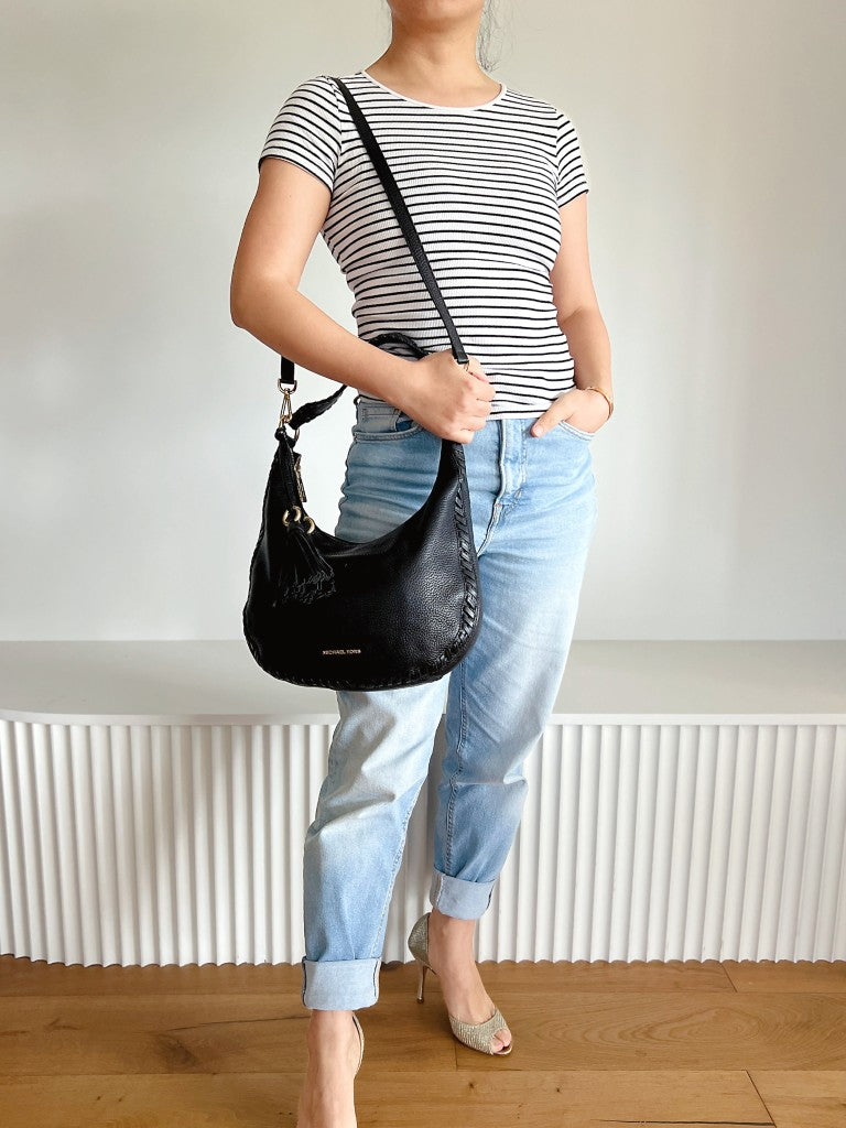 Michael Kors Black Leather Tassel Charm Slouchy 2 Way Shoulder Bag Like New