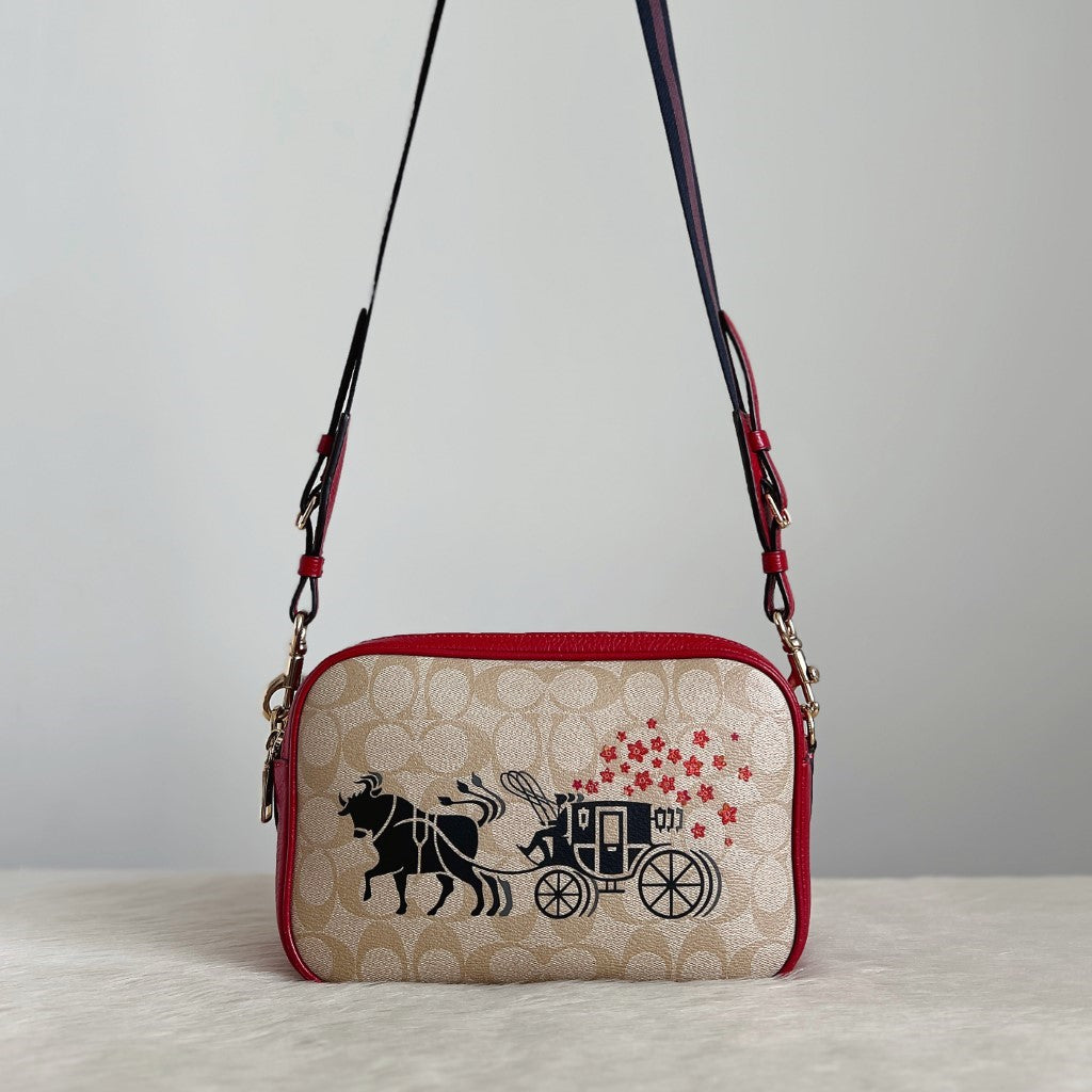 Coach Red Leather Monogram Double Compartment Crossbody Shoulder Bag Like New