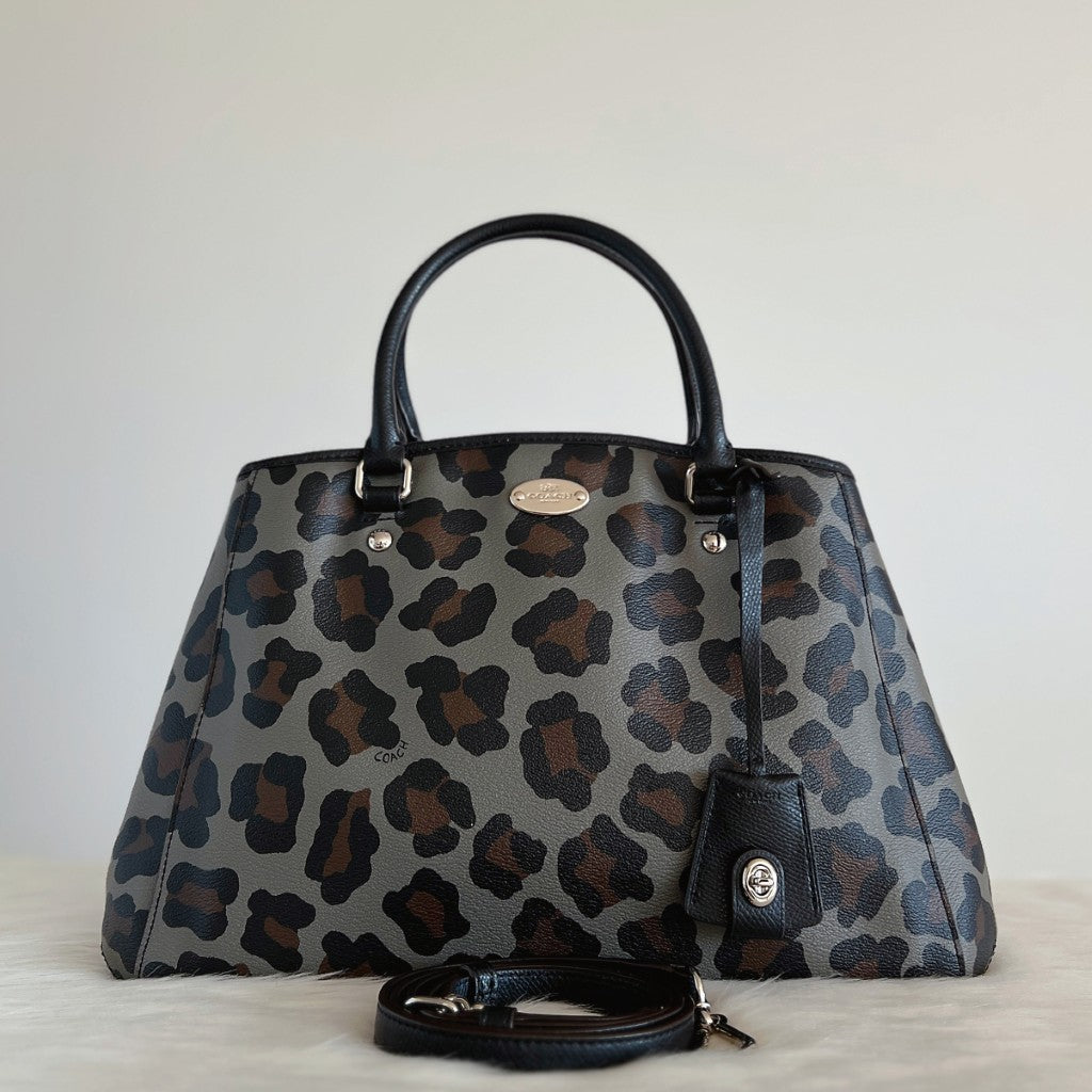Coach Black Leather Leopard Triple Compartment 2 Way Shoulder Bag Like New