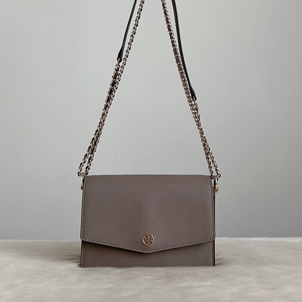 Tory Burch Taupe Leather Front Logo Crossbody Shoulder Bag Like New