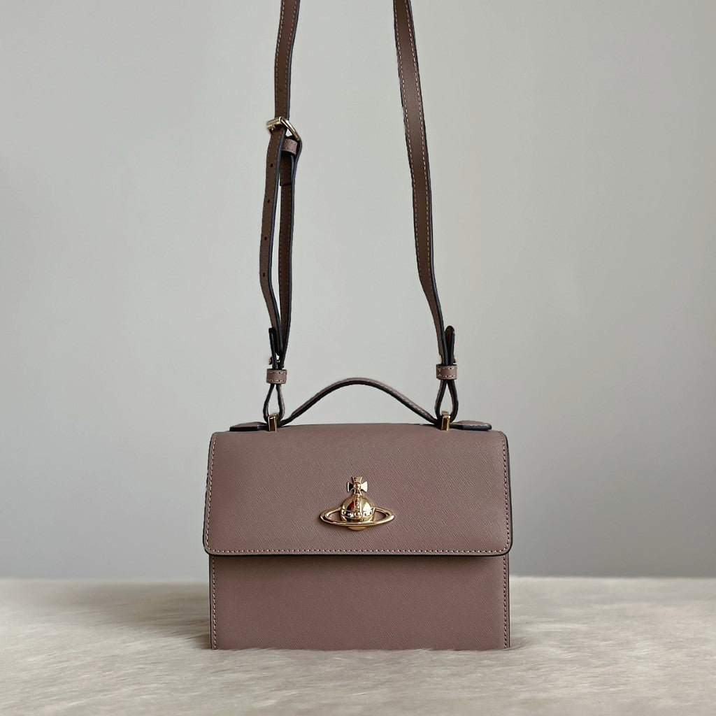 Vivienne Westwood Taupe Leather Front Logo 2 Way Shoulder Bag Like New