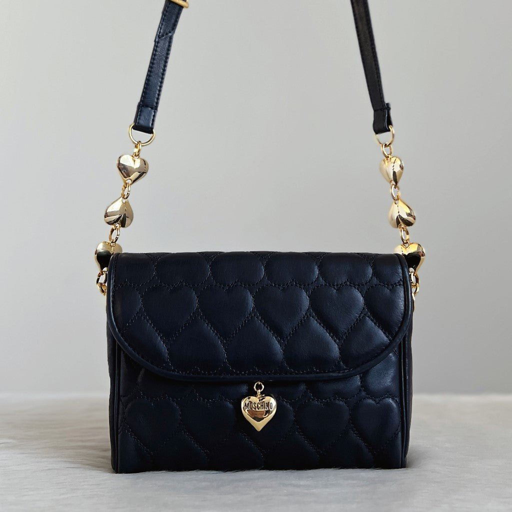 Moschino Black Leather Quilted Heart Chain Detail Shoulder Bag Excellent