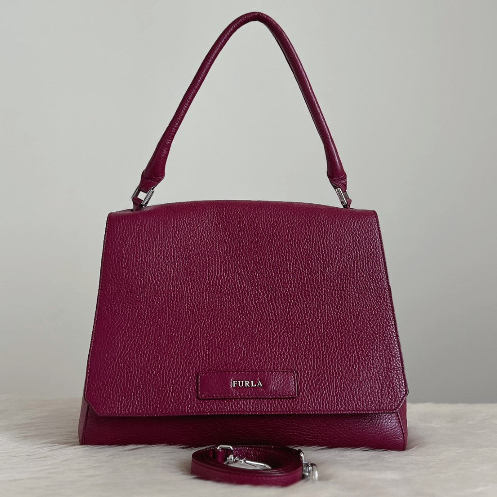 Furla Bordeaux Leather Front Logo 2 Way Shoulder Bag Excellent