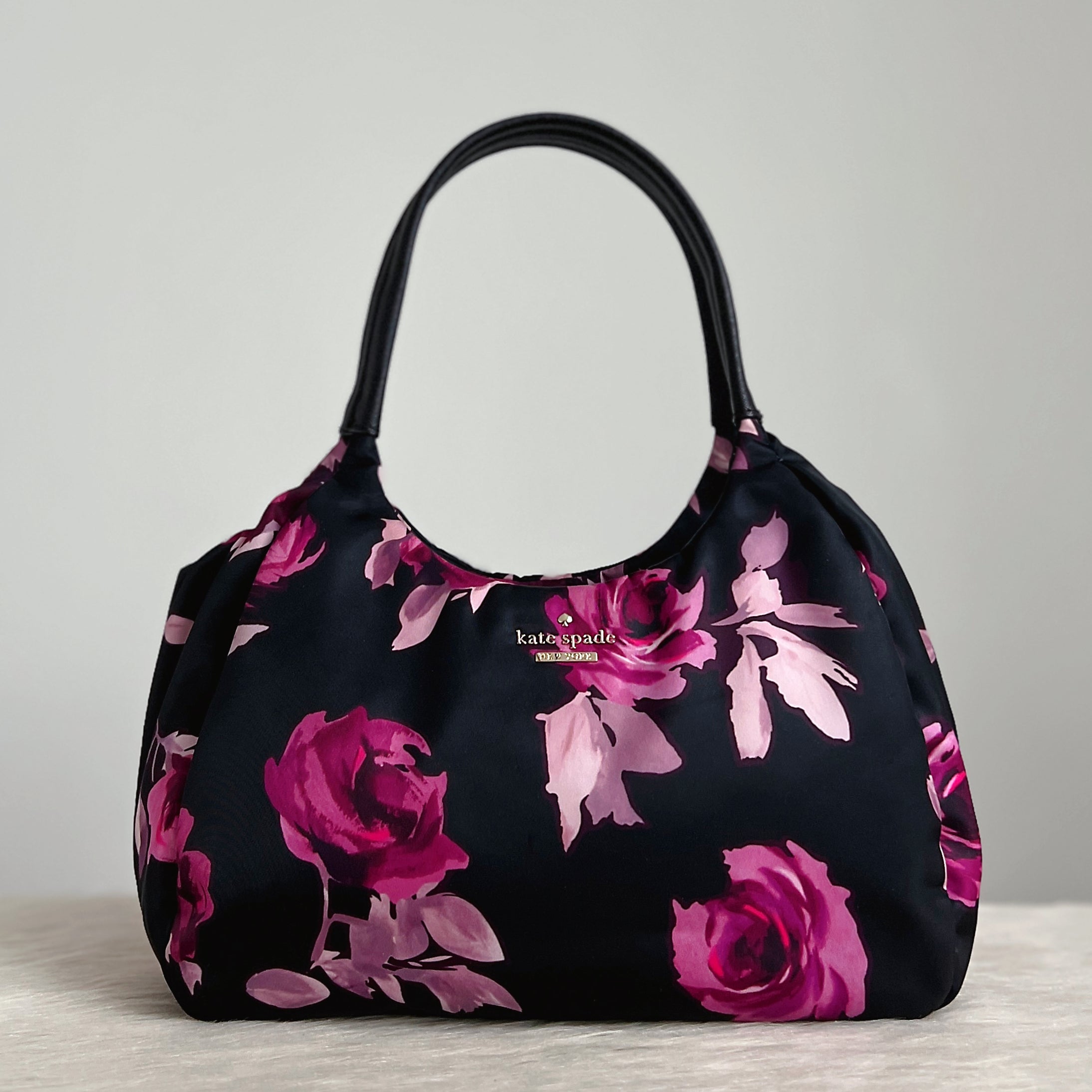 Kate Spade Black Leather Floral Pattern Shopper Shoulder Bag Excellent