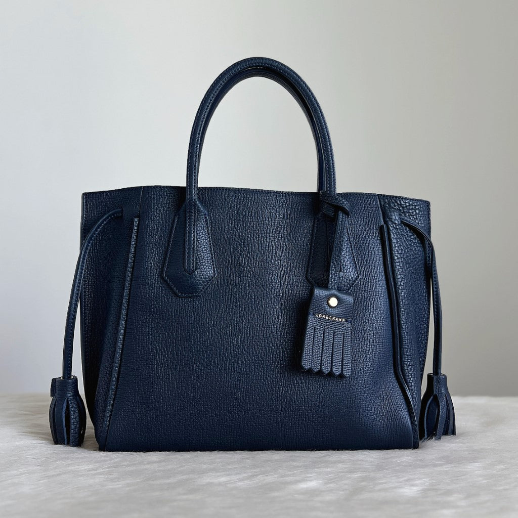 Longchamp Navy Leather Tassel Detail Career Tote Bag Like New