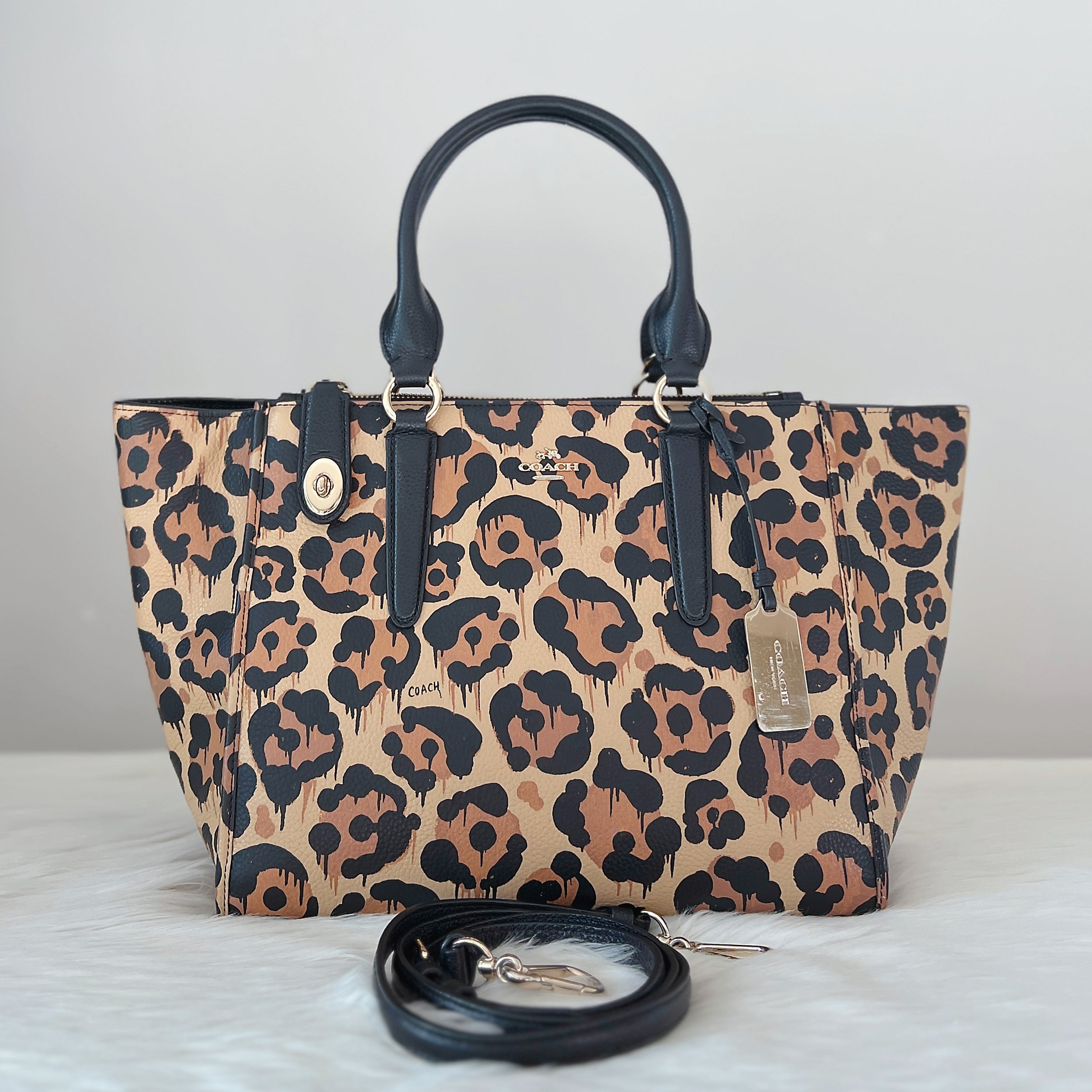 Coach Black Leather Leopard Triple Compartment 2 Way Shoulder Bag Like New
