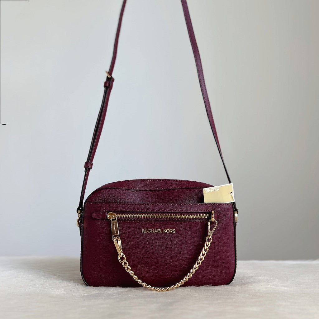 Michael Kors Burgundy Leather Gold Chain Detail Crossbody Shoulder Bag New with Tags