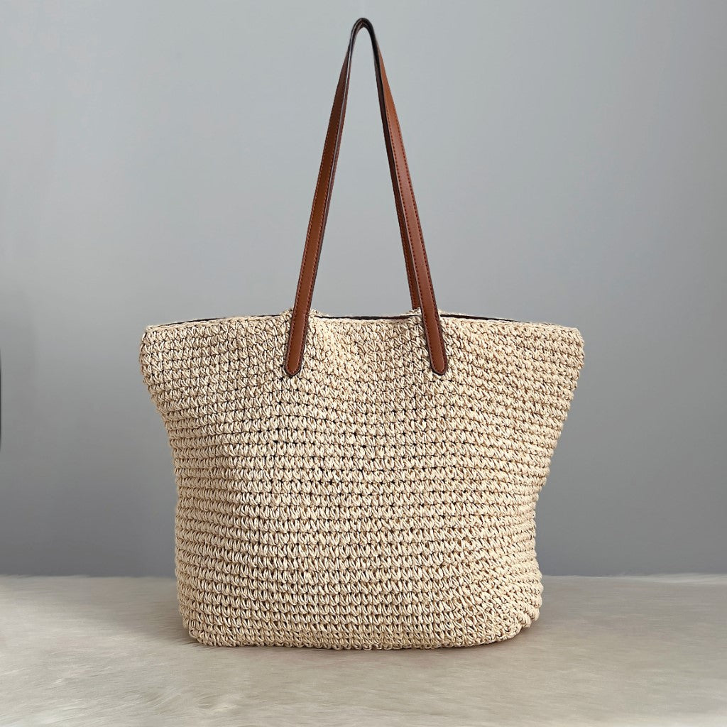 Ralph Lauren Caramel Leather Straw Carryall Shoulder Bag